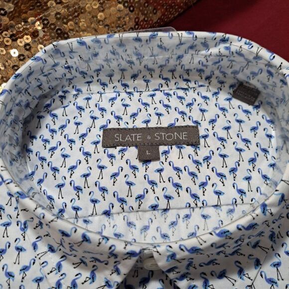 Slate & Stone Button Down Blue Flamingo collar Shirt Short Sleeve NWT - Picture 8 of 11